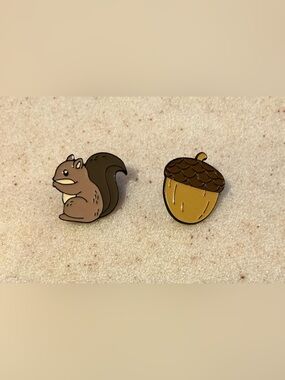 Squirrel and Acorn Enamel Pin Set - Brown & Gold